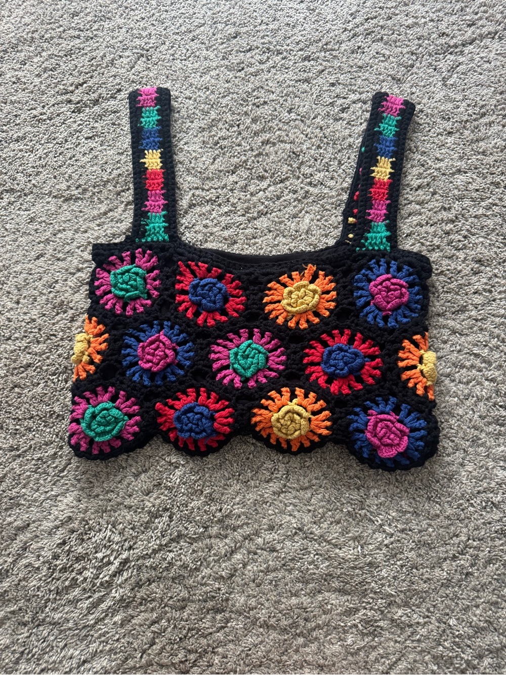 FARM Rio Black Crochet Floral Square-Neck Crop Top with Multi-Colored Motifs - Picture 3 of 4